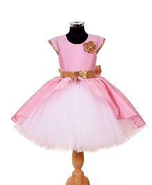 Indian Tutu Short Sleeves Flower Design Sequined Bow Fit & Flare Netted Dress - Pink Indian Tutu Short Sleeves Flower Design Sequined Bow Fit & Flare Netted Dress - Pink