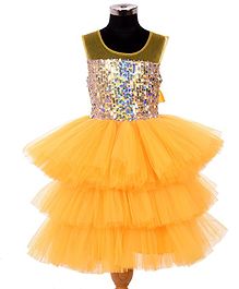 Indian Tutu Sleeveless Sequined Layered Netted Fit & Flare Dress - Yellow Indian Tutu Sleeveless Sequined Layered Netted Fit & Flare Dress - Yellow