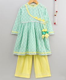 Little Pockets Store Printed Full Sleeves Anarkali Kourti With Palazzo - Green Little Pockets Store Printed Full Sleeves Anarkali Kourti With Palazzo - Green