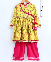 Little Pockets Store Floral Print Anarkali Kurti With Palazzo - Yellow Little Pockets Store Floral Print Anarkali Kurti With Palazzo - Yellow