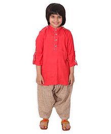 Little Pockets Store Solid Full Sleeves Kurta With Checked Pyjama - Red Little Pockets Store Solid Full Sleeves Kurta With Checked Pyjama - Red