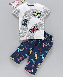 Doreme Half Sleeves Night Suit Race Cars Print - Off White Navy Blue Doreme Half Sleeves Night Suit Race Cars Print - Off White Navy Blue