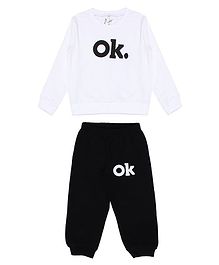 Knotty Kids Ok Printed Full Sleeves Sweatshirt With Full Length Pants - White Knotty Kids Ok Printed Full Sleeves Sweatshirt With Full Length Pants - White