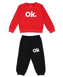Knotty Kids Ok Printed Full Sleeves Sweatshirt With Full Length Pants - Red Knotty Kids Ok Printed Full Sleeves Sweatshirt With Full Length Pants - Red