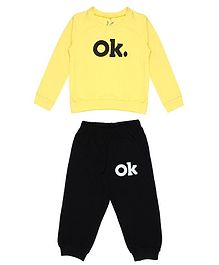 Knotty Kids Ok Printed Full Sleeves Sweatshirt With Full Length Pants - Yellow Knotty Kids Ok Printed Full Sleeves Sweatshirt With Full Length Pants - Yellow