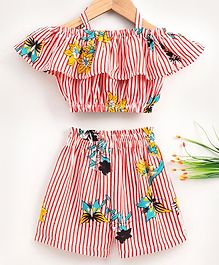 M'andy Striped & Flower Printed Ruffled Cold Shoulder Half Sleeves Top & Shorts - White & Red M'andy Striped & Flower Printed Ruffled Cold Shoulder Half Sleeves Top & Shorts - White & Red