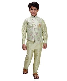Fourfolds Full Sleeves Kurta With Pyjama & Flower Printed Jacket - Green Fourfolds Full Sleeves Kurta With Pyjama & Flower Printed Jacket - Green