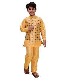 Fourfolds Full Sleeves Kurta With Pyjama & Flower Printed Jacket - Yellow Fourfolds Full Sleeves Kurta With Pyjama & Flower Printed Jacket - Yellow