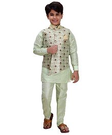 Fourfolds Full Sleeves Kurta With Pyjama & Flower Printed Jacket - Green Fourfolds Full Sleeves Kurta With Pyjama & Flower Printed Jacket - Green
