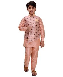 Fourfolds Full Sleeves Kurta With Pyjama & Flower Printed Jacket - Peach Fourfolds Full Sleeves Kurta With Pyjama & Flower Printed Jacket - Peach