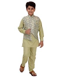 Fourfolds Full Sleeves Kurta With Pyjama & Flower Printed Jacket - Green Fourfolds Full Sleeves Kurta With Pyjama & Flower Printed Jacket - Green