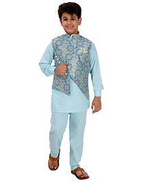 Fourfolds Full Sleeves Kurta With Pyjama & Flower Printed Jacket - Blue Fourfolds Full Sleeves Kurta With Pyjama & Flower Printed Jacket - Blue