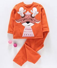 Hugsntugs Reindeer Patch Detailed Full Sleeves Night Suit - Orange Hugsntugs Reindeer Patch Detailed Full Sleeves Night Suit - Orange