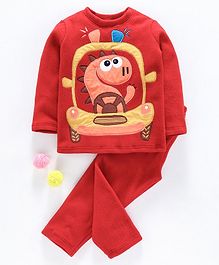 Hugsntugs Dinosaur Patch Detailed Full Sleeves Night Suit - Red Hugsntugs Dinosaur Patch Detailed Full Sleeves Night Suit - Red