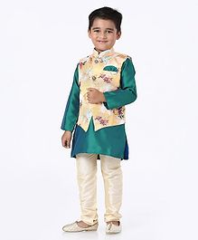Dapper Dudes Solid Full Sleeves Kurta With Flower Printed Jacket & Churidar - Yellow Dapper Dudes Solid Full Sleeves Kurta With Flower Printed Jacket & Churidar - Yellow