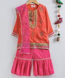 Little Bansi Floral Print Three Fourth Sleeves Kurta & Sharara With Dupatta - Orange & Pink Little Bansi Floral Print Three Fourth Sleeves Kurta & Sharara With Dupatta - Orange & Pink