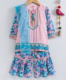 Little Bansi Floral Print Full Sleeves Kurta & Sharara With Dupatta - Blue & Pink Little Bansi Floral Print Full Sleeves Kurta & Sharara With Dupatta - Blue & Pink