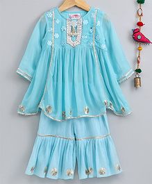Little Bansi Floral Embroidered Three Fourth Sleeves Kurta & Sharara - Blue Little Bansi Floral Embroidered Three Fourth Sleeves Kurta & Sharara - Blue