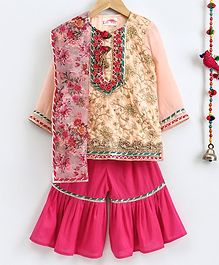 Little Bansi Brocade Full Sleeves Kurta With Sharara & Printed Dupatta - Peach & Pink Little Bansi Brocade Full Sleeves Kurta With Sharara & Printed Dupatta - Peach & Pink