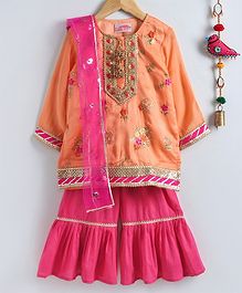 Little Bansi Floral Embroidered Full Sleeves Kurta With Sharara & Dupatta - Orange & Pink Little Bansi Floral Embroidered Full Sleeves Kurta With Sharara & Dupatta - Orange & Pink