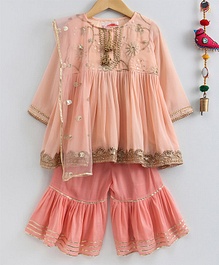Little Bansi Gota Lace Work Full Sleeves Kurta With Sharara & Dupatta - Peach Little Bansi Gota Lace Work Full Sleeves Kurta With Sharara & Dupatta - Peach