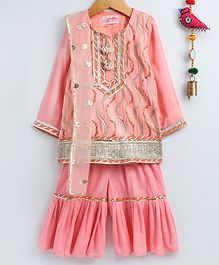 Little Bansi Three Fourth Sleeves Gotta Patti Work Kurta With Garara & Net Dupatta - Peach Little Bansi Three Fourth Sleeves Gotta Patti Work Kurta With Garara & Net Dupatta - Peach