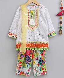 Little Bansi Three Fourth Sleeves Shiffli Kurta With Floral Work Salwar & Dupatta Set - White Little Bansi Three Fourth Sleeves Shiffli Kurta With Floral Work Salwar & Dupatta Set - White