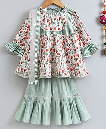Little Bansi Full Sleeves Floral Print Kurta With Shimmer Finish Garara & Net Dupatta Set - Green Little Bansi Full Sleeves Floral Print Kurta With Shimmer Finish Garara & Net Dupatta Set - Green