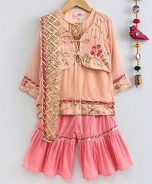 Little Bansi Flower Embroidered Full Sleeves Kurta With Attached Jacket & Sharara Dupatta Set - Peach Little Bansi Flower Embroidered Full Sleeves Kurta With Attached Jacket & Sharara Dupatta Set - Peach