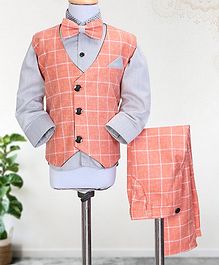 Knotty Kids Full Sleeves Shirt With Bow & Checked Waistcoat With Pants - Peach Knotty Kids Full Sleeves Shirt With Bow & Checked Waistcoat With Pants - Peach