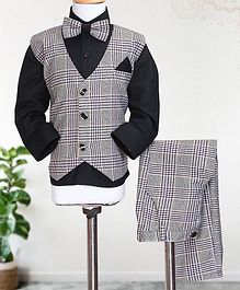 Knotty Kids Full Sleeves Shirt With Bow & Checked Waistcoat With Pants - Black Knotty Kids Full Sleeves Shirt With Bow & Checked Waistcoat With Pants - Black