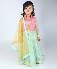 Amairaa Golden Flower Embroidered Full Sleeves Anarkali Dress With Dupatta - Sea Green & Pink Amairaa Golden Flower Embroidered Full Sleeves Anarkali Dress With Dupatta - Sea Green & Pink