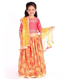 Amairaa Half Sleeves Choli With Bandhani Print Lehenga & Dupatta - Peach & Orange Amairaa Half Sleeves Choli With Bandhani Print Lehenga & Dupatta - Peach & Orange