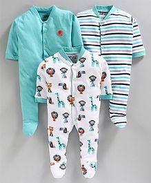 BUMZEE Pack of 3 Striped Full Sleeves Sleepsuits - Aqua Blue BUMZEE Pack of 3 Striped Full Sleeves Sleepsuits - Aqua Blue