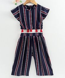 Soul Fairy Striped Half Sleeves Crop Top With Palazzo - Navy Blue Soul Fairy Striped Half Sleeves Crop Top With Palazzo - Navy Blue