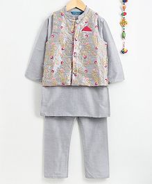 Lil Peacock Full Sleeves Kurta With Pyjama & Flower Embroidered Jacket Set - Grey Lil Peacock Full Sleeves Kurta With Pyjama & Flower Embroidered Jacket Set - Grey