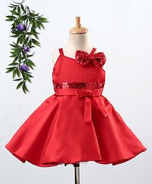 Bluebell Singlet Sleeves Satin Party Wear Frock Sequins Bow Applique - Red Bluebell Singlet Sleeves Satin Party Wear Frock Sequins Bow Applique - Red
