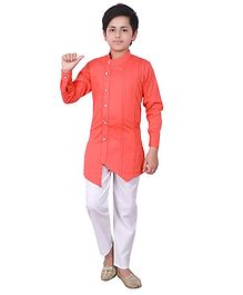 Fourfolds Solid Full Sleeves Kurta With Pyjama - Orange Fourfolds Solid Full Sleeves Kurta With Pyjama - Orange