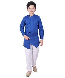 Fourfolds Solid Full Sleeves Kurta With Pyjama - Blue Fourfolds Solid Full Sleeves Kurta With Pyjama - Blue
