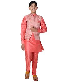 Fourfolds Full Sleeves Kurta With Flower Print Jacket & Pyjama - Pink Fourfolds Full Sleeves Kurta With Flower Print Jacket & Pyjama - Pink