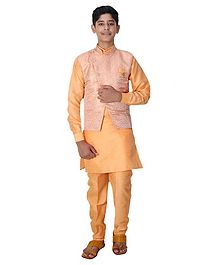 Fourfolds Full Sleeves Kurta With Flower Print Jacket & Pyjama - Light Orange Fourfolds Full Sleeves Kurta With Flower Print Jacket & Pyjama - Light Orange