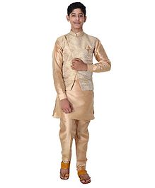Fourfolds Full Sleeves Kurta With Flower Print Jacket & Pyjama - Beige Fourfolds Full Sleeves Kurta With Flower Print Jacket & Pyjama - Beige