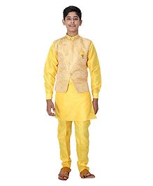 Fourfolds Full Sleeves Kurta With Flower Print Jacket & Pyjama - Yellow Fourfolds Full Sleeves Kurta With Flower Print Jacket & Pyjama - Yellow