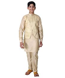 Fourfolds Full Sleeves Kurta With Printed Jacket & Pyjama - Beige Fourfolds Full Sleeves Kurta With Printed Jacket & Pyjama - Beige