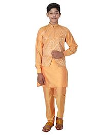 Fourfolds Full Sleeves Kurta With Printed Jacket & Pyjama - Orange Fourfolds Full Sleeves Kurta With Printed Jacket & Pyjama - Orange