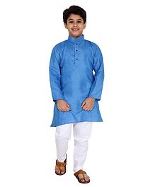 Fourfolds Solid Full Sleeves Kurta With Pyjama Set - Blue Fourfolds Solid Full Sleeves Kurta With Pyjama Set - Blue