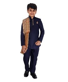 Fourfolds Solid Full Sleeves Kurta With Pyjama & Stole - Blue Fourfolds Solid Full Sleeves Kurta With Pyjama & Stole - Blue