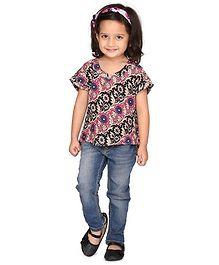 Olesia All Over Flower Printed Half Sleeves Top - Pink & Black Olesia All Over Flower Printed Half Sleeves Top - Pink & Black