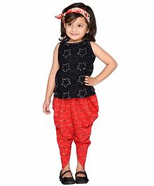 Olesia Sleeveless Star Printed Kurta & Ikat Dhoti Set - Black & Red Olesia Sleeveless Star Printed Kurta & Ikat Dhoti Set - Black & Red