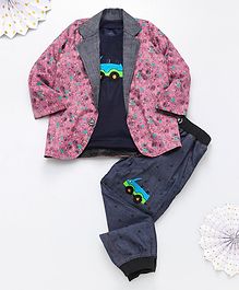 Knotty Kids Full Sleeves Floral Print Blazer With Car Patch Tee & Pants Set - Pink Grey Knotty Kids Full Sleeves Floral Print Blazer With Car Patch Tee & Pants Set - Pink Grey
